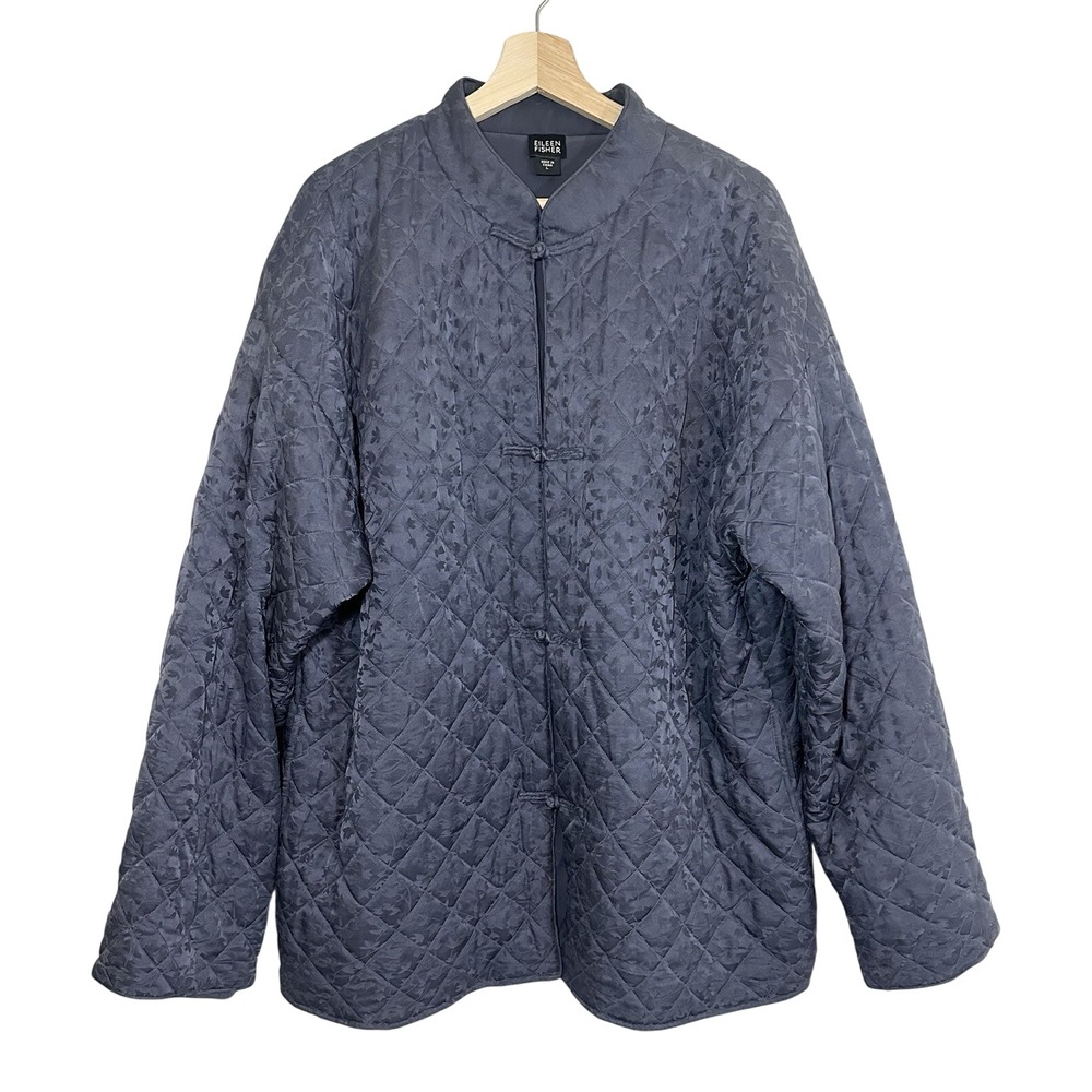 Eileen Fisher LARGE Silk Blue Gray Quilted Jacquard Leaf Jacket Kimono Style